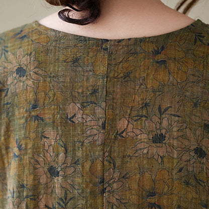 Buddha Stones Olive Printing Flower Long Sleeve Cotton Linen Maxi Dress With Pockets
