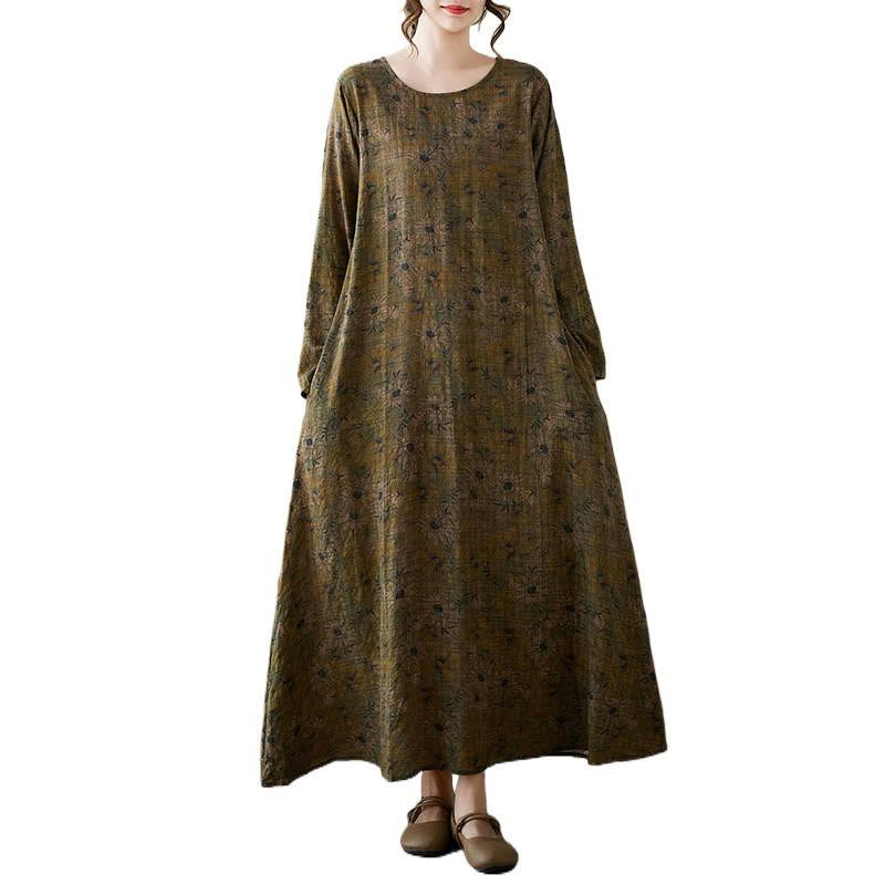 Buddha Stones Olive Printing Flower Long Sleeve Cotton Linen Maxi Dress With Pockets