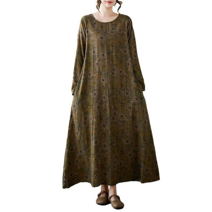 Buddha Stones Olive Printing Flower Long Sleeve Cotton Linen Maxi Dress With Pockets