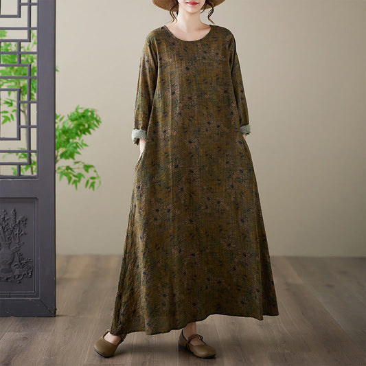 Buddha Stones Olive Printing Flower Long Sleeve Cotton Linen Maxi Dress With Pockets