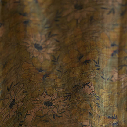 Buddha Stones Olive Printing Flower Long Sleeve Cotton Linen Maxi Dress With Pockets