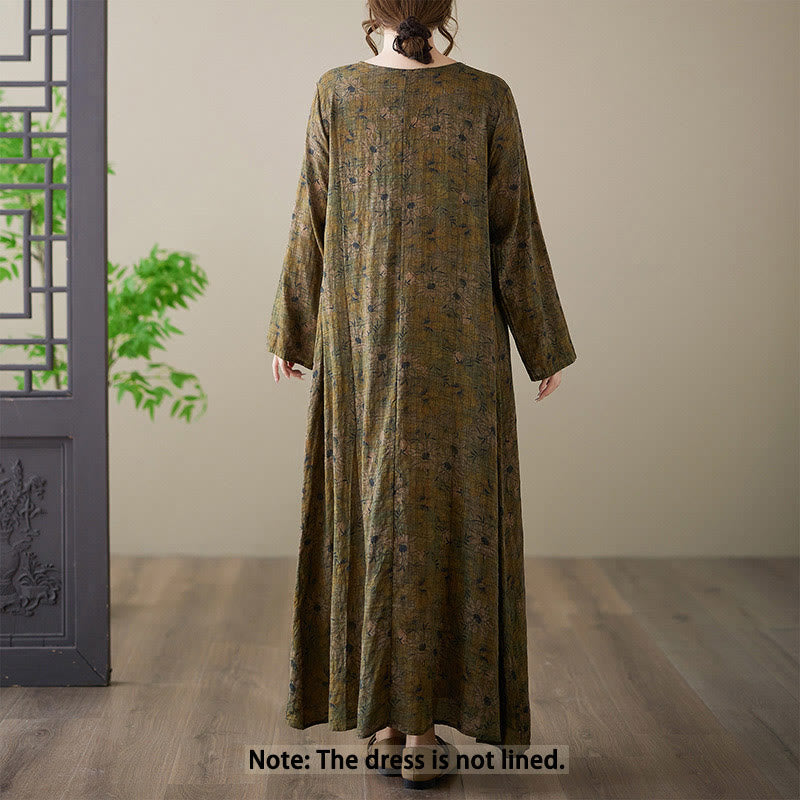 Buddha Stones Olive Printing Flower Long Sleeve Cotton Linen Maxi Dress With Pockets