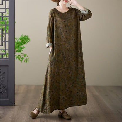 Buddha Stones Olive Printing Flower Long Sleeve Cotton Linen Maxi Dress With Pockets