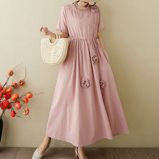 Buddha Stones Three-Dimensional Flower Ruffled Short Sleeve Cotton Linen Midi Dress With Pockets