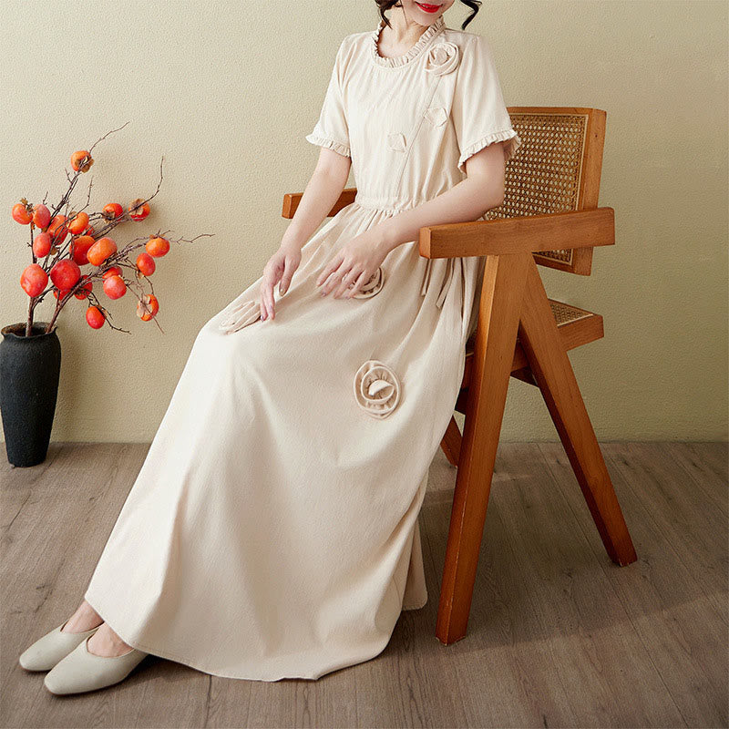Buddha Stones Three-Dimensional Flower Ruffled Short Sleeve Cotton Linen Midi Dress With Pockets