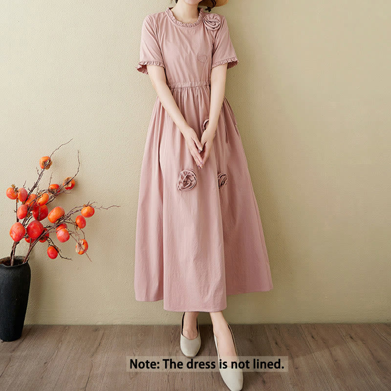 Buddha Stones Three-Dimensional Flower Ruffled Short Sleeve Cotton Linen Midi Dress With Pockets