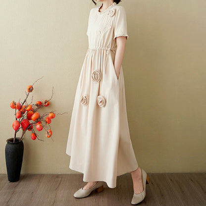 Buddha Stones Three-Dimensional Flower Ruffled Short Sleeve Cotton Linen Midi Dress With Pockets