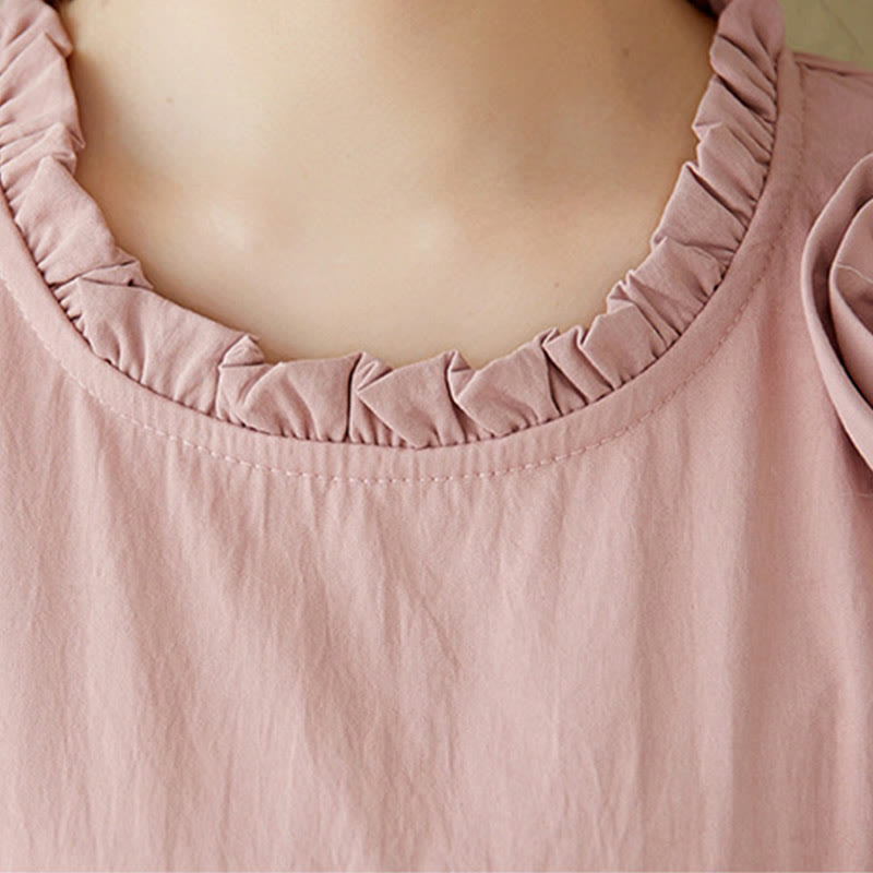 Buddha Stones Three-Dimensional Flower Ruffled Short Sleeve Cotton Linen Midi Dress With Pockets