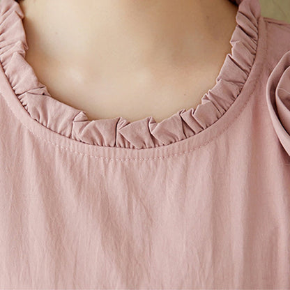 Buddha Stones Three-Dimensional Flower Ruffled Short Sleeve Cotton Linen Midi Dress With Pockets