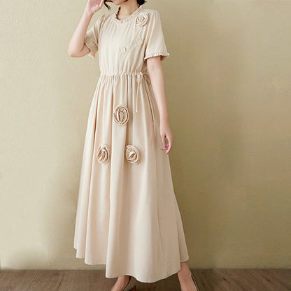 Buddha Stones Three-Dimensional Flower Ruffled Short Sleeve Cotton Linen Midi Dress With Pockets