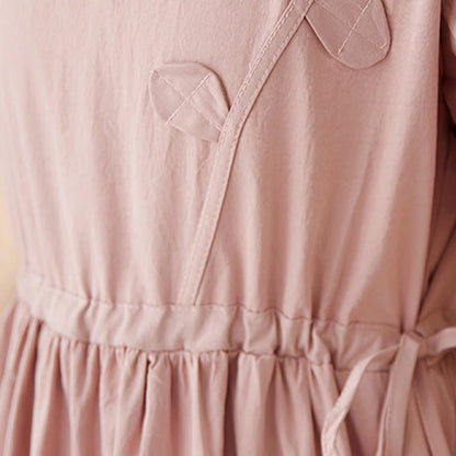 Buddha Stones Three-Dimensional Flower Ruffled Short Sleeve Cotton Linen Midi Dress With Pockets