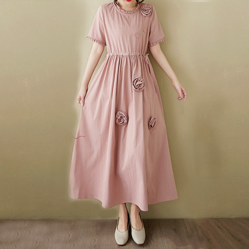 Buddha Stones Three-Dimensional Flower Ruffled Short Sleeve Cotton Linen Midi Dress With Pockets