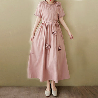 Buddha Stones Three-Dimensional Flower Ruffled Short Sleeve Cotton Linen Midi Dress With Pockets