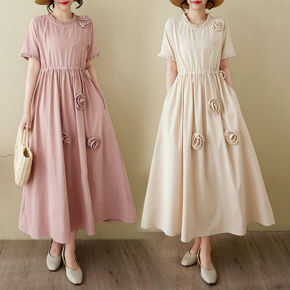 Buddha Stones Three-Dimensional Flower Ruffled Short Sleeve Cotton Linen Midi Dress With Pockets
