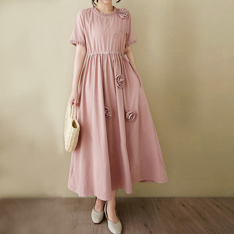 Buddha Stones Three-Dimensional Flower Ruffled Short Sleeve Cotton Linen Midi Dress With Pockets