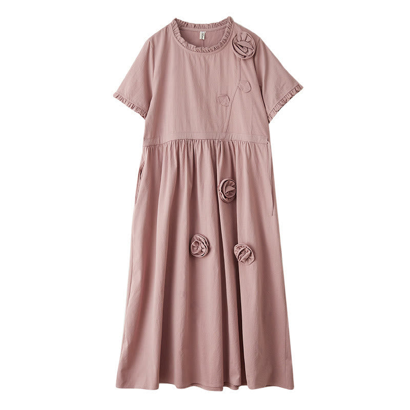 Buddha Stones Three-Dimensional Flower Ruffled Short Sleeve Cotton Linen Midi Dress With Pockets
