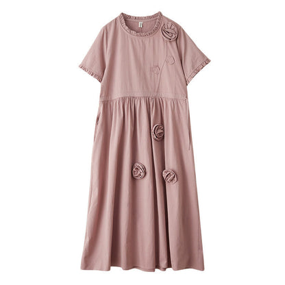 Buddha Stones Three-Dimensional Flower Ruffled Short Sleeve Cotton Linen Midi Dress With Pockets