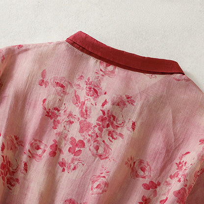 Buddha Stones Printing Buttons Drawstring High Waist Short Sleeve Cotton Midi Dress With Pockets