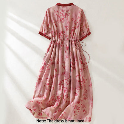 Buddha Stones Printing Buttons Drawstring High Waist Short Sleeve Cotton Midi Dress With Pockets
