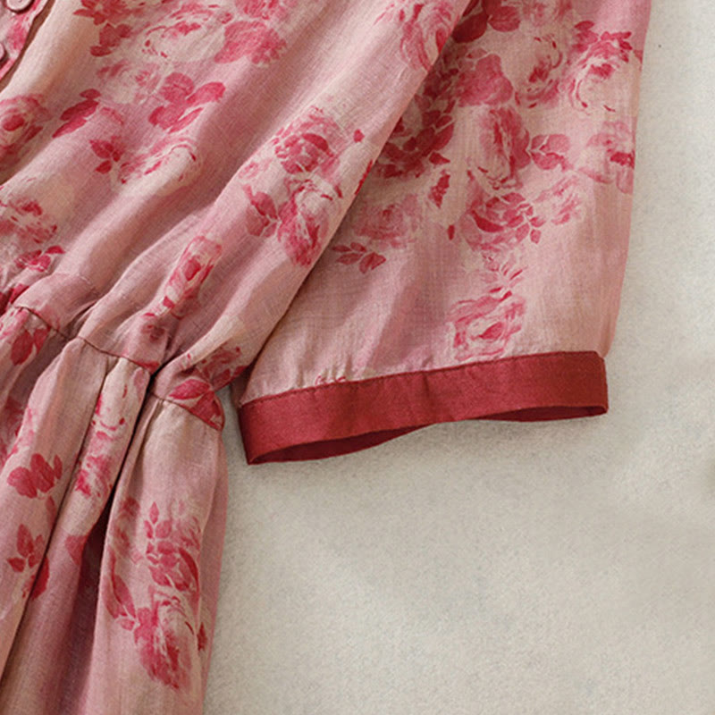 Buddha Stones Printing Buttons Drawstring High Waist Short Sleeve Cotton Midi Dress With Pockets