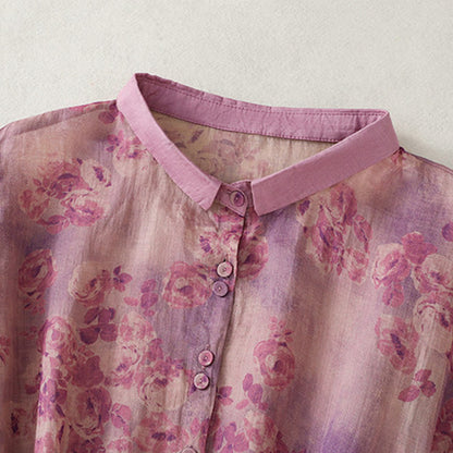 Buddha Stones Printing Buttons Drawstring High Waist Short Sleeve Cotton Midi Dress With Pockets