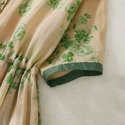 Buddha Stones Printing Buttons Drawstring High Waist Short Sleeve Cotton Midi Dress With Pockets