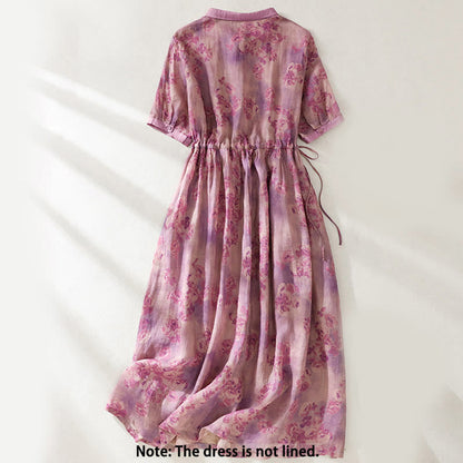 Buddha Stones Printing Buttons Drawstring High Waist Short Sleeve Cotton Midi Dress With Pockets