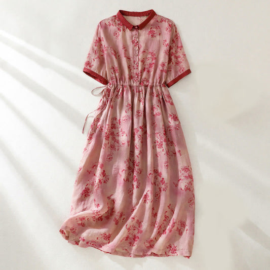 Buddha Stones Printing Buttons Drawstring High Waist Short Sleeve Cotton Midi Dress With Pockets