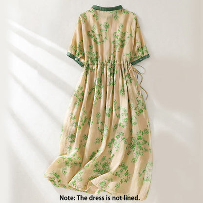 Buddha Stones Printing Buttons Drawstring High Waist Short Sleeve Cotton Midi Dress With Pockets