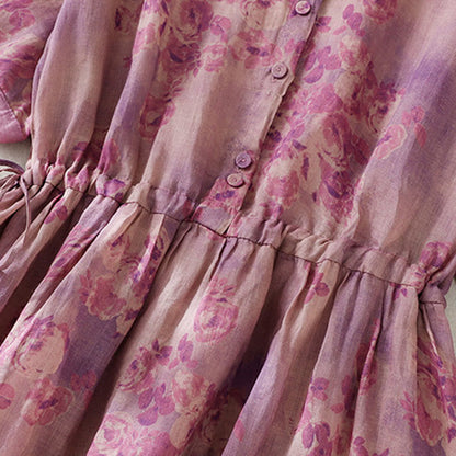 Buddha Stones Printing Buttons Drawstring High Waist Short Sleeve Cotton Midi Dress With Pockets