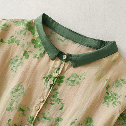 Buddha Stones Printing Buttons Drawstring High Waist Short Sleeve Cotton Midi Dress With Pockets