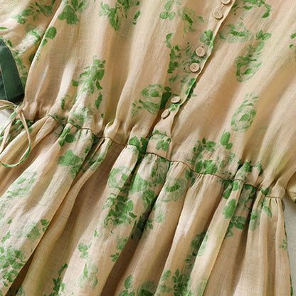Buddha Stones Printing Buttons Drawstring High Waist Short Sleeve Cotton Midi Dress With Pockets