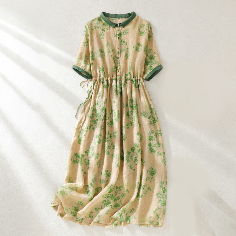 Buddha Stones Printing Buttons Drawstring High Waist Short Sleeve Cotton Midi Dress With Pockets