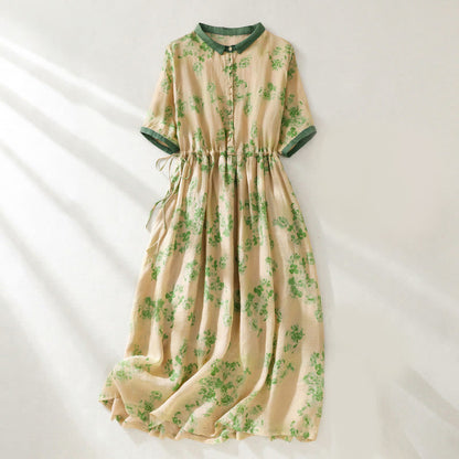 Buddha Stones Printing Buttons Drawstring High Waist Short Sleeve Cotton Midi Dress With Pockets