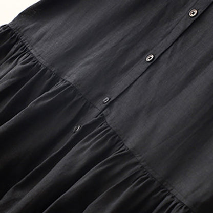 Buddha Stones Commute Pure Color Buttons Design Short Sleeve Cotton Linen Midi Dress With Pockets