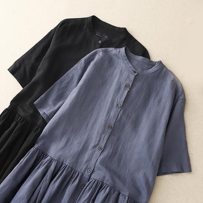 Buddha Stones Commute Pure Color Buttons Design Short Sleeve Cotton Linen Midi Dress With Pockets