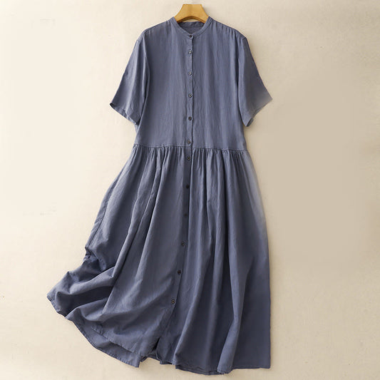 Buddha Stones Commute Pure Color Buttons Design Short Sleeve Cotton Linen Midi Dress With Pockets