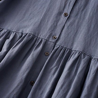 Buddha Stones Commute Pure Color Buttons Design Short Sleeve Cotton Linen Midi Dress With Pockets