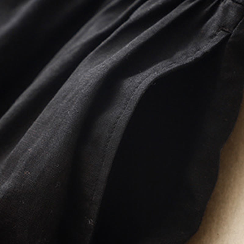 Buddha Stones Commute Pure Color Buttons Design Short Sleeve Cotton Linen Midi Dress With Pockets