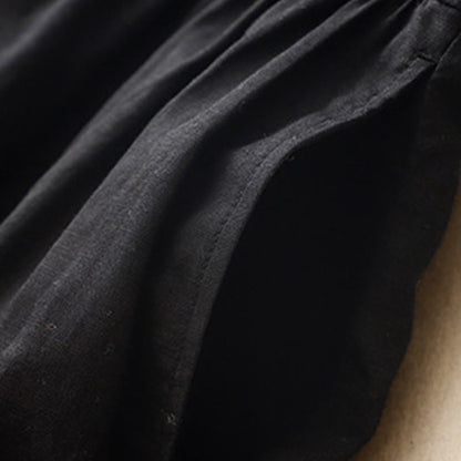 Buddha Stones Commute Pure Color Buttons Design Short Sleeve Cotton Linen Midi Dress With Pockets