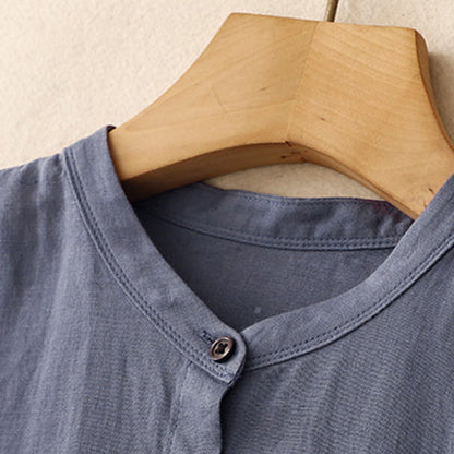 Buddha Stones Commute Pure Color Buttons Design Short Sleeve Cotton Linen Midi Dress With Pockets