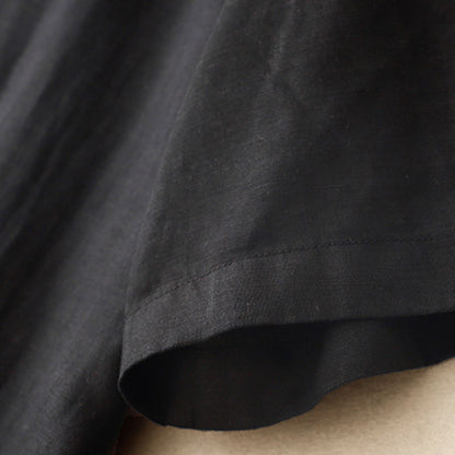 Buddha Stones Commute Pure Color Buttons Design Short Sleeve Cotton Linen Midi Dress With Pockets