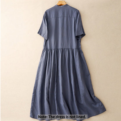 Buddha Stones Commute Pure Color Buttons Design Short Sleeve Cotton Linen Midi Dress With Pockets