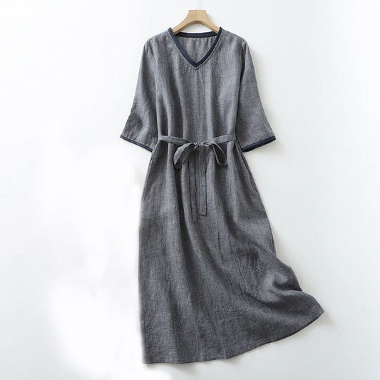 Buddha Stones Commute MidnightBlue Lace-Up Half Sleeve Design Cotton Linen Midi Dress With Pockets