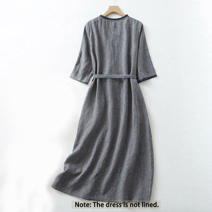 Buddha Stones Commute MidnightBlue Lace-Up Half Sleeve Design Cotton Linen Midi Dress With Pockets