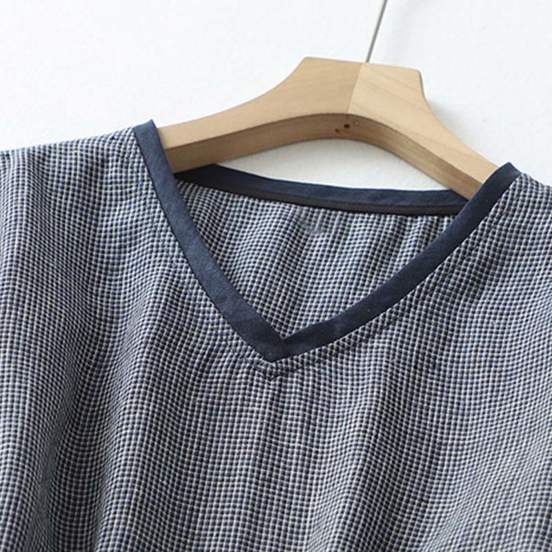 Buddha Stones Commute MidnightBlue Lace-Up Half Sleeve Design Cotton Linen Midi Dress With Pockets