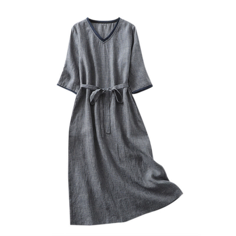 Buddha Stones Commute MidnightBlue Lace-Up Half Sleeve Design Cotton Linen Midi Dress With Pockets