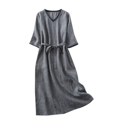 Buddha Stones Commute MidnightBlue Lace-Up Half Sleeve Design Cotton Linen Midi Dress With Pockets