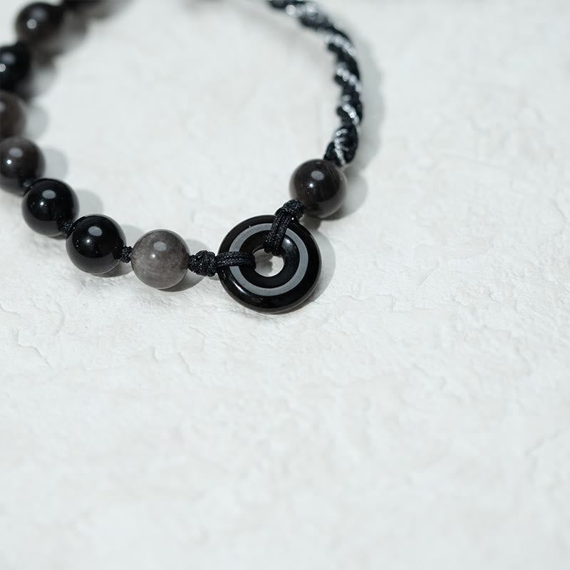 Buddha Stones Natural Black Obsidian Peace Buckle Purification Black Rope Bracelet
