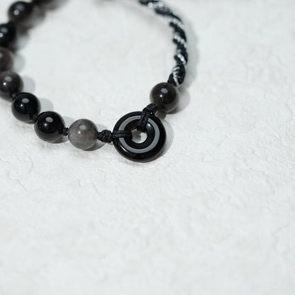 Buddha Stones Natural Black Obsidian Peace Buckle Purification Black Rope Bracelet